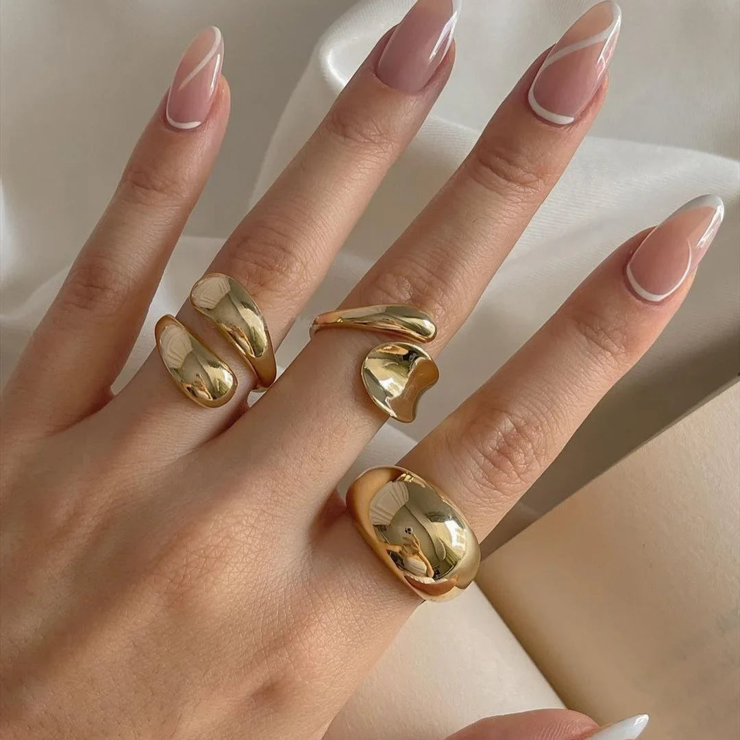 3 Pcs Irregular Geometric Ring Set for Women Punk Design Smooth Gold Silver Color Water Drop Adjustable Open Ring Trendy Jewelry