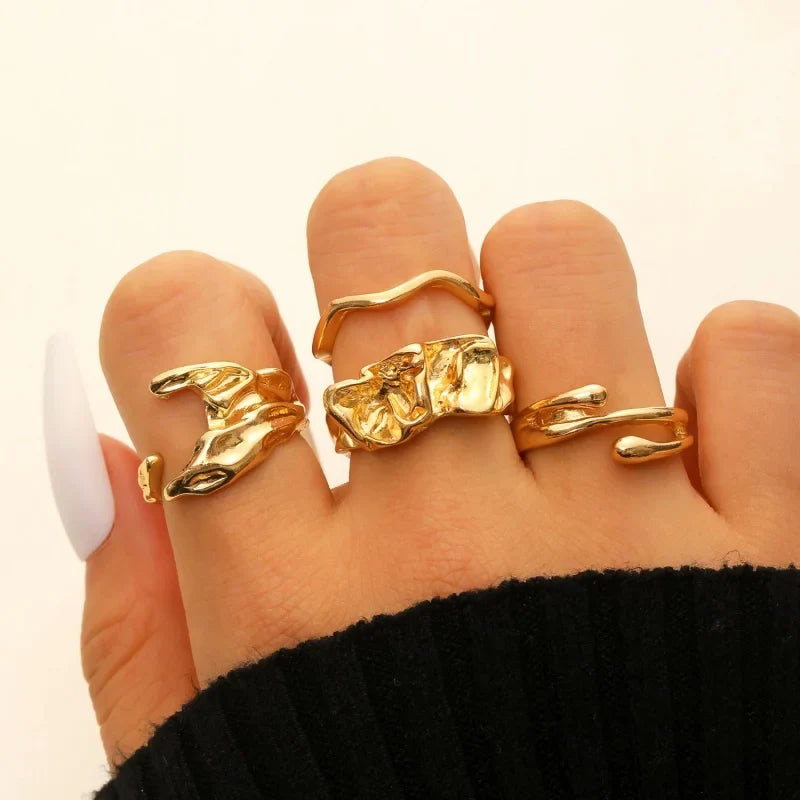 4 Pcs Exaggerated Irregular Wide Adjustable Punk Hip Hop Finger Rings for Women Men Unisex Metal Joint Ring Jewelry