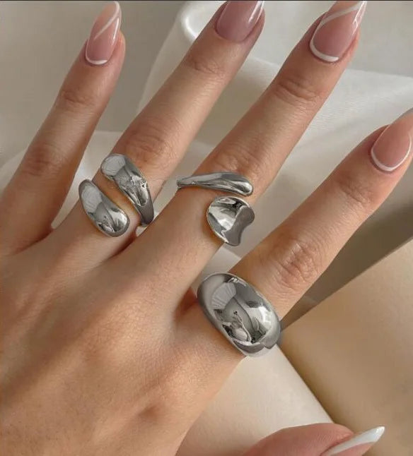 3 Pcs Irregular Geometric Ring Set for Women Punk Design Smooth Gold Silver Color Water Drop Adjustable Open Ring Trendy Jewelry
