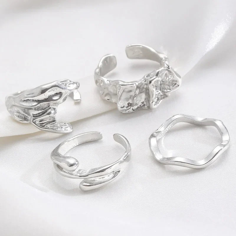 4 Pcs Exaggerated Irregular Wide Adjustable Punk Hip Hop Finger Rings for Women Men Unisex Metal Joint Ring Jewelry