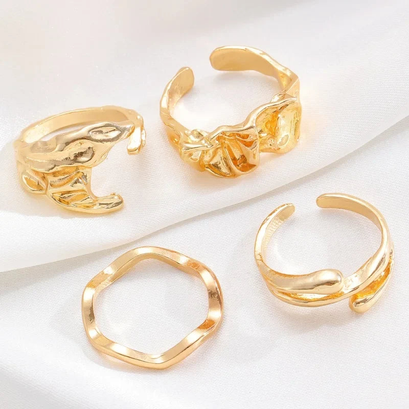 4 Pcs Exaggerated Irregular Wide Adjustable Punk Hip Hop Finger Rings for Women Men Unisex Metal Joint Ring Jewelry