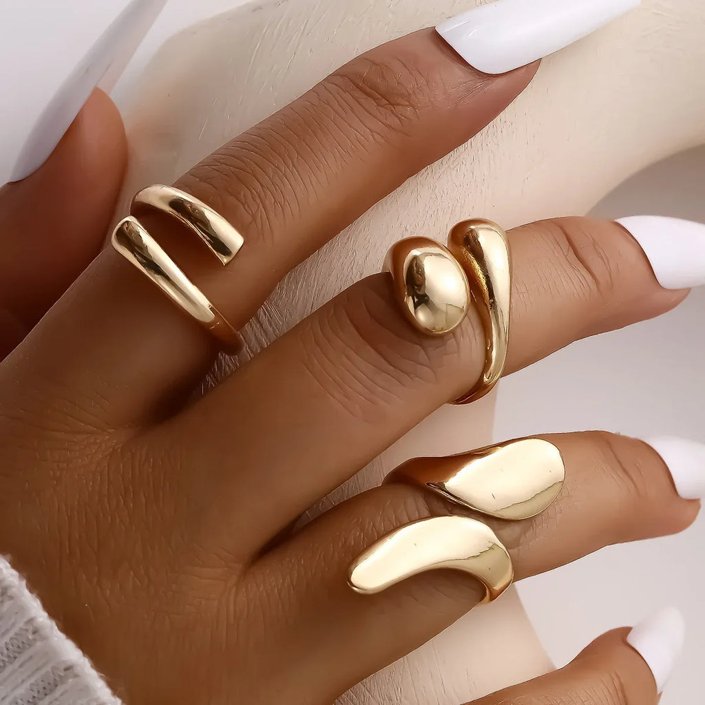3 Pcs Irregular Geometric Ring Set for Women Punk Design Smooth Gold Silver Color Water Drop Adjustable Open Ring Trendy Jewelry