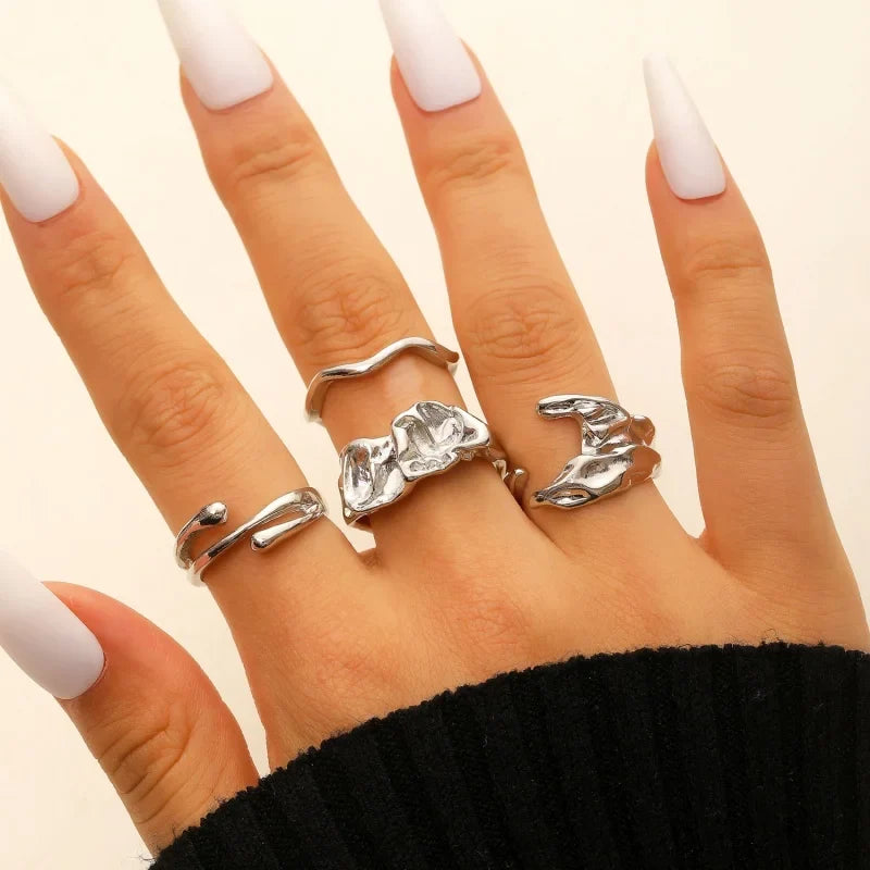 4 Pcs Exaggerated Irregular Wide Adjustable Punk Hip Hop Finger Rings for Women Men Unisex Metal Joint Ring Jewelry