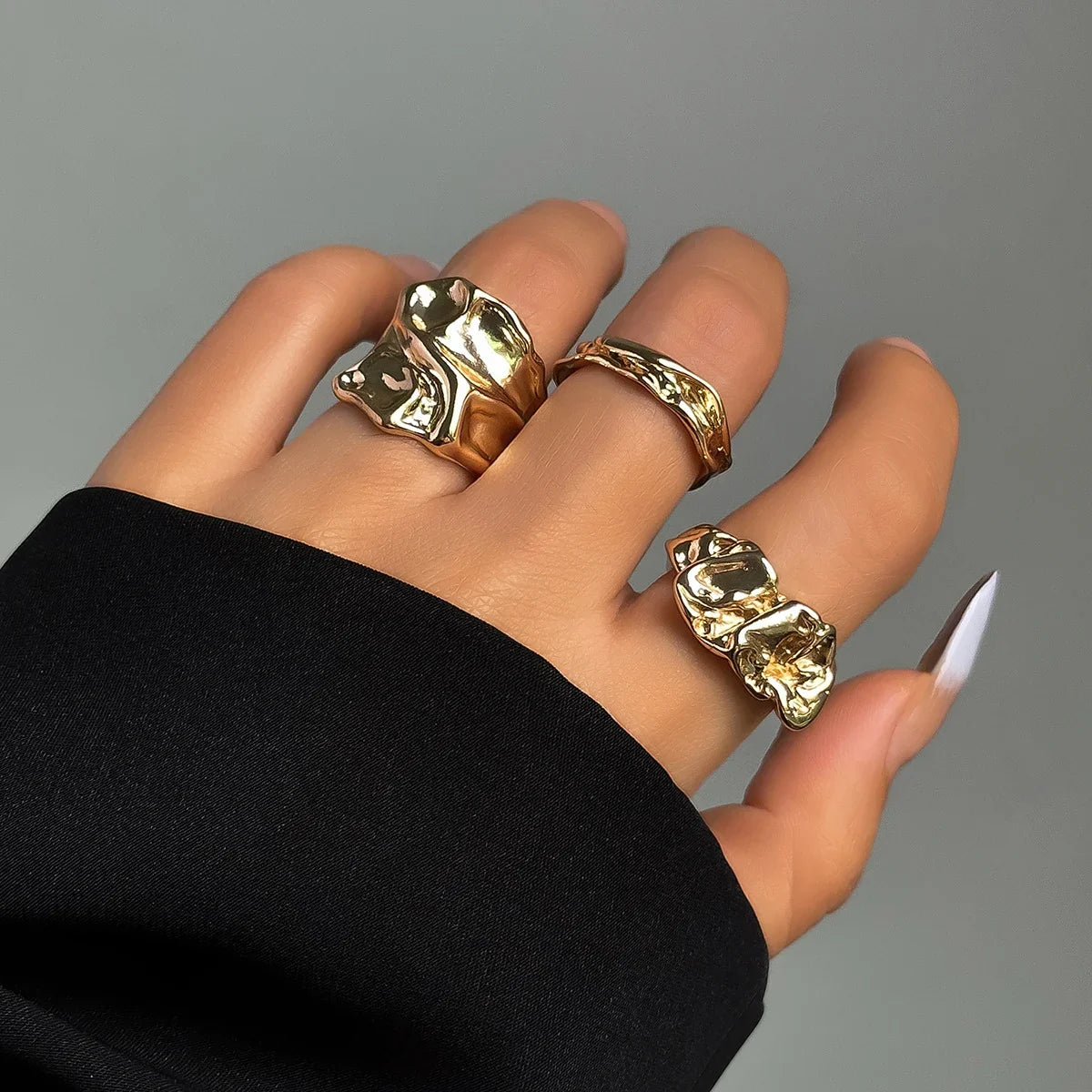 3 Pcs Irregular Geometric Ring Set for Women Punk Design Smooth Gold Silver Color Water Drop Adjustable Open Ring Trendy Jewelry