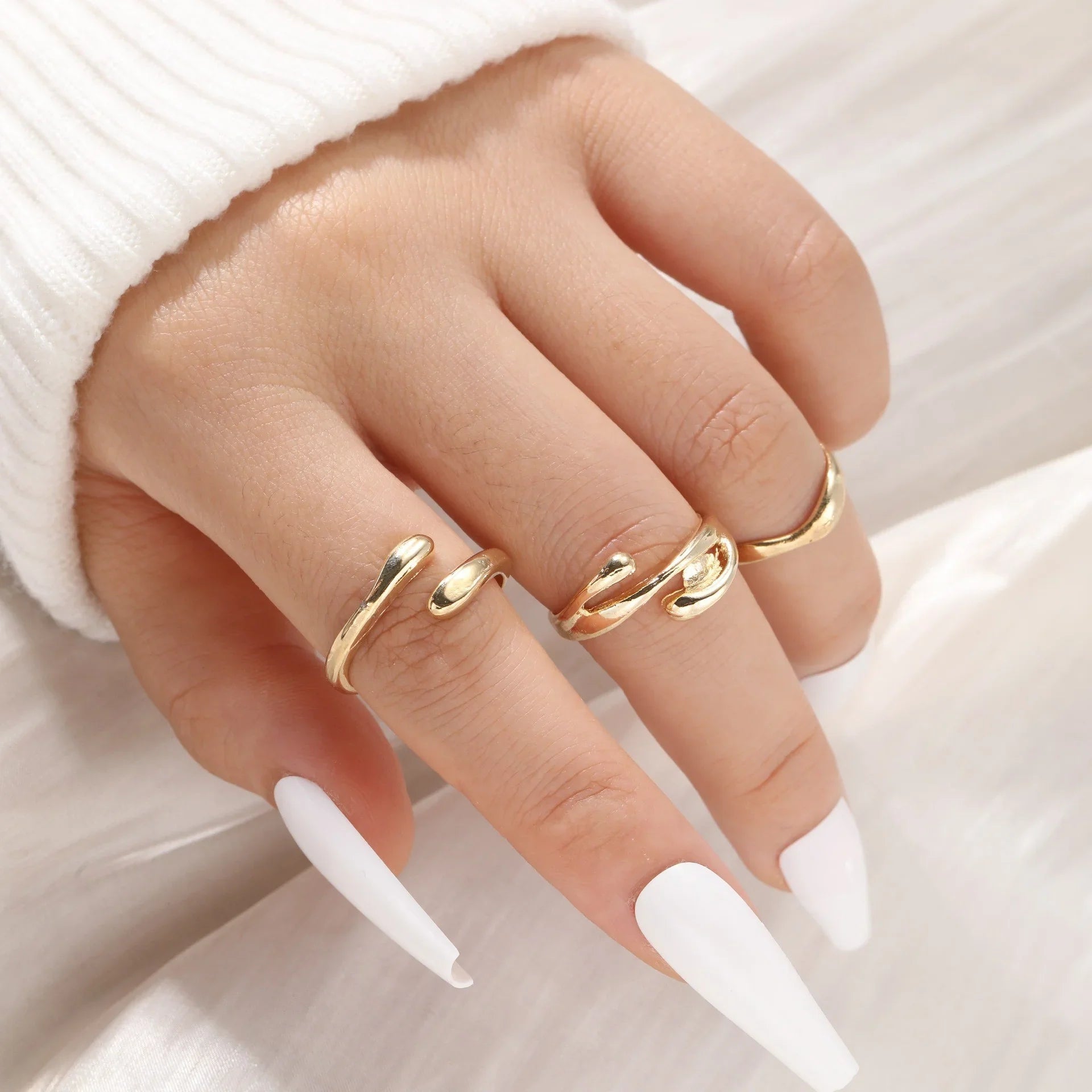3 Pcs Irregular Geometric Ring Set for Women Punk Design Smooth Gold Silver Color Water Drop Adjustable Open Ring Trendy Jewelry