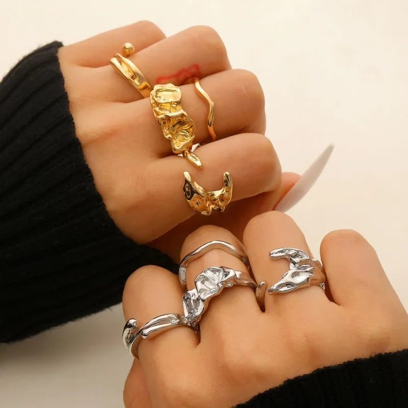 4 Pcs Exaggerated Irregular Wide Adjustable Punk Hip Hop Finger Rings for Women Men Unisex Metal Joint Ring Jewelry