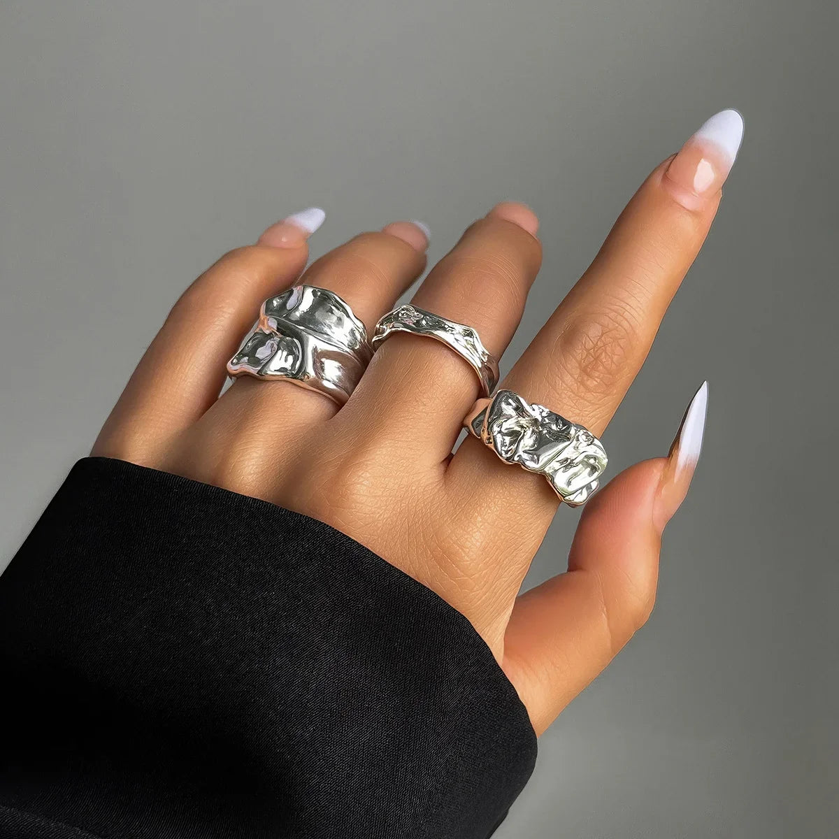 3 Pcs Irregular Geometric Ring Set for Women Punk Design Smooth Gold Silver Color Water Drop Adjustable Open Ring Trendy Jewelry