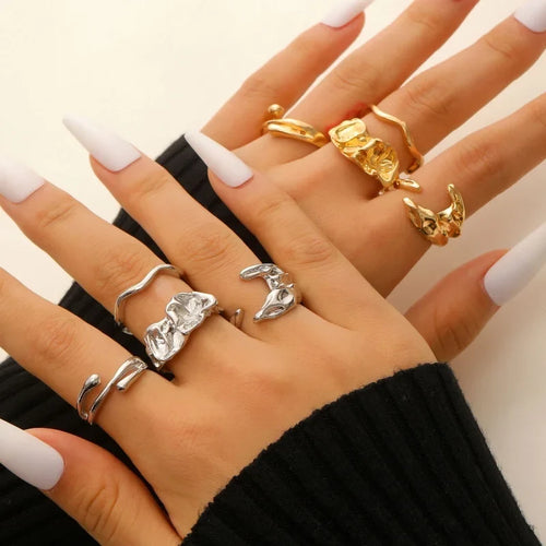 4 Pcs Exaggerated Irregular Wide Adjustable Punk Hip Hop Finger Rings for Women Men Unisex Metal Joint Ring Jewelry