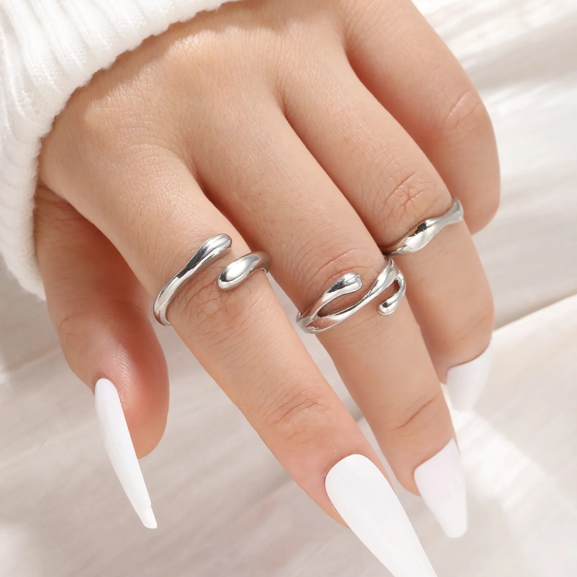3 Pcs Irregular Geometric Ring Set for Women Punk Design Smooth Gold Silver Color Water Drop Adjustable Open Ring Trendy Jewelry